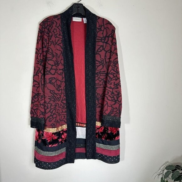 CHICO'S Red Patchwork Duster Jacquard Velvet Lace Open Front Cardigan 1 US Small - Picture 1 of 8